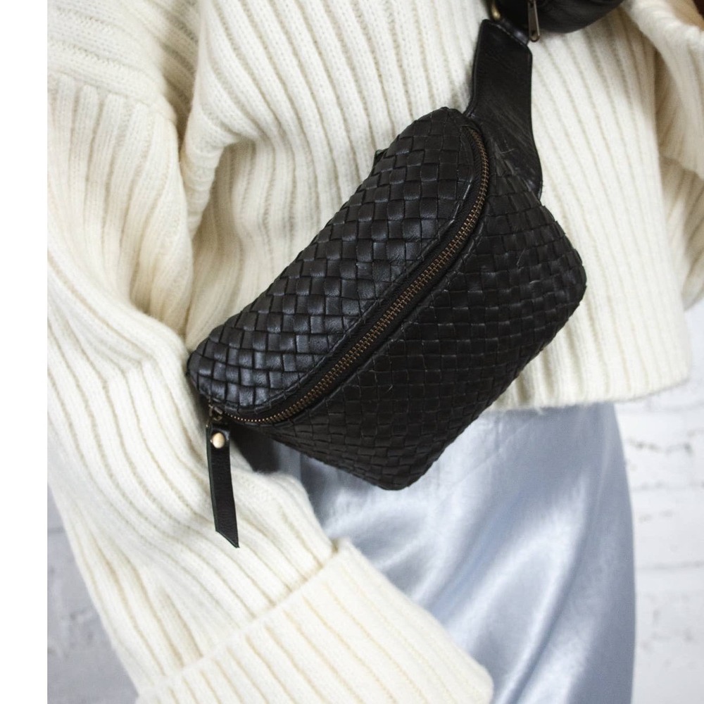 MANDRN Black Woven Leather Belt Bag Fanny Pack Handmade in Bali Adjustable Strap